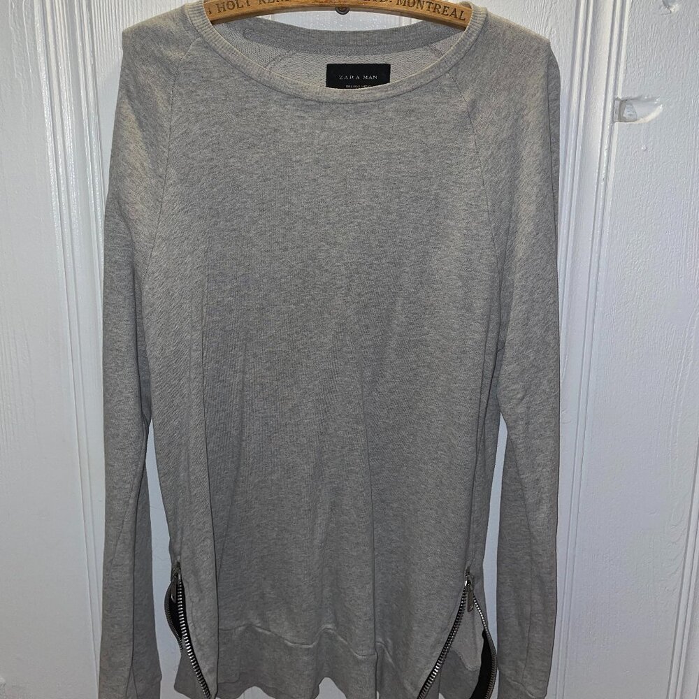 ZARA Man Long Sleeve Crewneck Heather Sweater SIDE ZIPS John Elliott Amiri FOG L